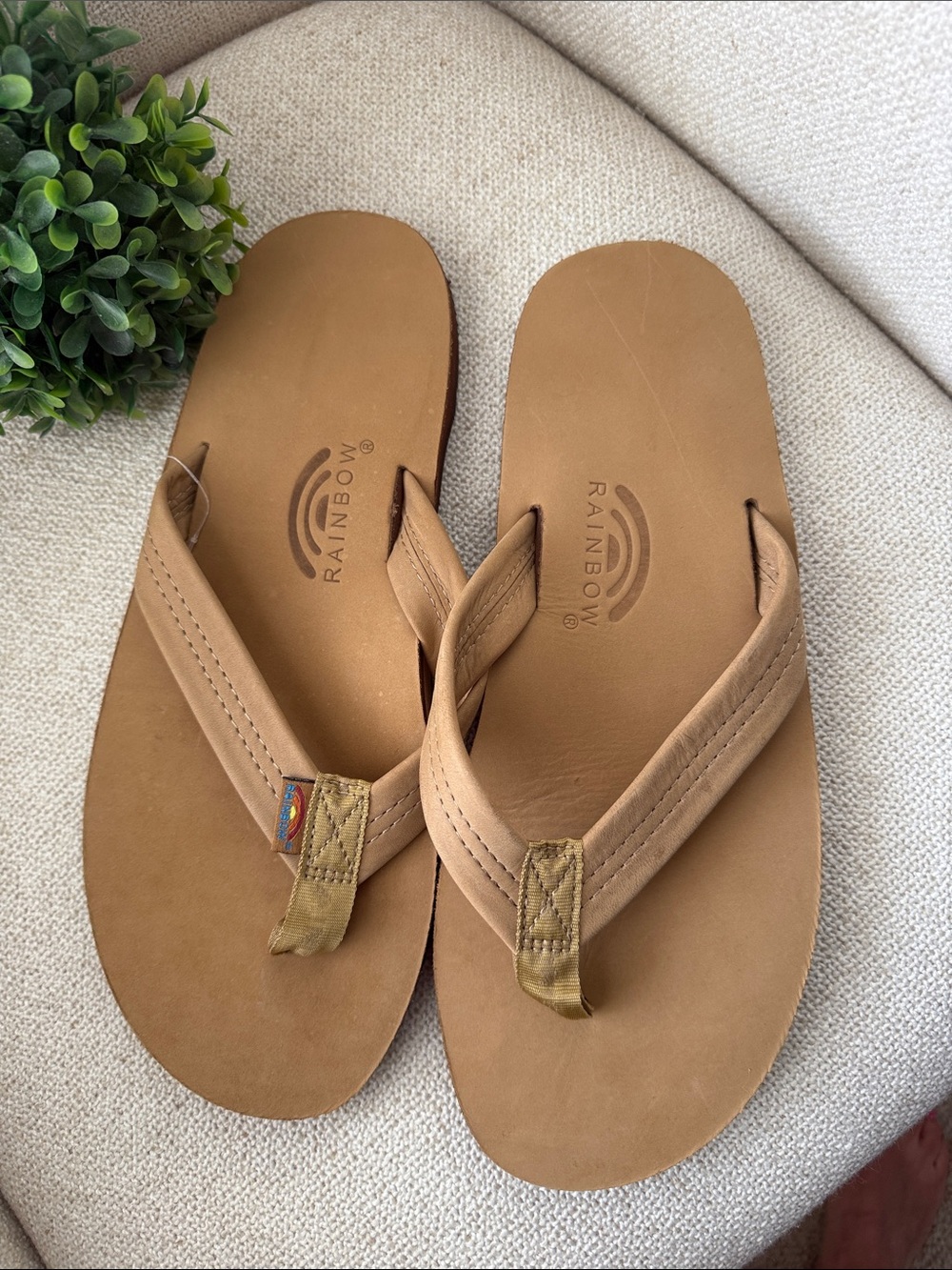 Rainbow Tan Leather Flip Flops with Subtle Logo Accent Men’s 11.5 NWOT